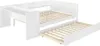 A white wooden bed frame with a pull-out trundle bed and a desk attachment. Voir les images du produit
