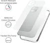 A clear phone case is shown layered over a phone, with text callouts describing its features. Produktbild-Vorschau