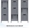 A collage of three different configurations of a gray bathroom cabinet, showing its flexible drawer and shelf options. Produktbild-Vorschau