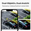 A smartphone displaying a split-screen view of a security camera feed, showing two different perspectives of a black car parked in a lot. Produktbild-Vorschau