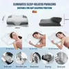 A collage of images showcasing an orthopedic pillow and its benefits for different sleeping positions and pain relief. Produktbild-Vorschau