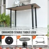 A table with four black legs is shown in a room. The legs have adjustable feet. Below the table, there are three inset images showing details of the table legs and installation. Podgląd zdjęcia produktu