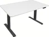 A white adjustable desk with black legs on a white background.