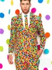 A man wearing a colorful polka dot suit against a white background with colorful polka dots. Anteprima dell’immagine prodotto
