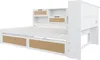 A white bed frame with storage drawers and a headboard with shelves, shown against a white background. Produktbild-Vorschau