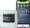 A digital thermostat and a smartphone displaying a smart home app. Produktbild-Vorschau