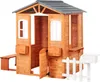 A wooden playhouse with a bench, mailbox, and fence. Náhled obrázku produktu