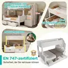Collage of images showcasing a white bunk bed with stairs, drawers, and safety features, along with descriptive text and certifications. Náhled obrázku produktu