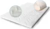 A white latex mattress topper with two close-up insets showing the texture of the material. Produktbild-Vorschau