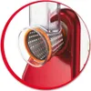 Close-up of a red food processor attachment with a clear plastic hopper and a metal grating drum. Náhled obrázku produktu