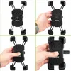 A collage of four images showing a black phone holder for a bicycle or motorcycle, with hands demonstrating its use. Anteprima dell’immagine prodotto