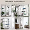 Collage of four images showing different white glass display cabinets in various room settings. Produktbild-Vorschau