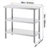 A stainless steel preparation table with three shelves, shown with dimensions indicated. Anteprima dell’immagine prodotto
