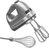 A silver hand mixer and whisk accessory against a white background. Produktbild-Vorschau