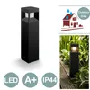 A collage of images showing a black LED bollard light, its features, and an example of its use in a garden setting. Anteprima dell’immagine prodotto