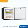 An open black mini refrigerator with food items inside and a white interior door. Produktbild-Vorschau