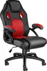 A black and red office chair with a white background.