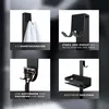 A collage of four images showcasing different features of a black shower organizer. Produktbild-Vorschau