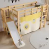 A children's loft bed with a slide, ladder, and curtains. Produktbild-Vorschau