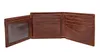 An open brown leather bifold wallet with multiple card slots and a clear ID window. Produktbild-Vorschau
