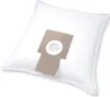 A white vacuum cleaner bag with a tan cardboard attachment and a circular opening. Produktbild-Vorschau