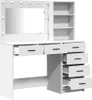 A white vanity table with a mirror and integrated shelving unit, shown against a white background. Voir les images du produit