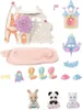 A collection of Sylvanian Families toy accessories, including a playground structure, a castle, a boat, hot air balloons, a rocket, and animal figures. Podgląd zdjęcia produktu