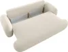 A cream-colored sofa with its bed mechanism extended, showing the storage compartment underneath. Voir les images du produit