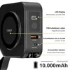 A close-up marketing image of a black power bank with various features highlighted by text labels and lines. Produktbild-Vorschau