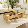 A wooden coffee table with a lift-top is shown in a living room setting with sofas and a plant. Podgląd zdjęcia produktu