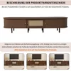A dark brown TV stand with rattan accents, shown in a studio setting with a television and decorative items. Podgląd zdjęcia produktu