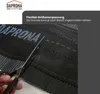 A close-up of a person's hand using scissors to cut a black roll of material with perforations and dashed lines, with the brand logo visible. Produktbild-Vorschau