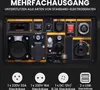 Close-up of a generator's control panel with various outlets and controls, accompanied by text and icons describing its features. Produktbild-Vorschau