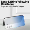 A clear phone case with a blue gradient is shown, with text describing its features. Produktbild-Vorschau