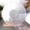 A clear plastic splash guard for a mixer or blender is shown on a wooden cutting board. Produktbild-Vorschau