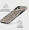 A phone case with a dalmatian-like pattern is shown at an angle, with callouts highlighting its features. Anteprima dell’immagine prodotto