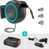 A collage of a hose reel, connectors, a battery, and a charger. Voir les images du produit
