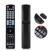 A black remote control with various buttons, shown from the front and back, with close-up insets of the battery compartment and a section of the buttons. Produktbild-Vorschau