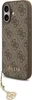 A close-up view of a brown GUESS phone case with a repeating logo pattern and a gold charm attached to a strap. Podgląd zdjęcia produktu
