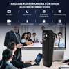 A marketing image showing a mini body camera with various features highlighted by text and icons, set against a backdrop of people in a meeting. Produktbild-Vorschau