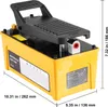 A yellow air-hydraulic foot pump is shown from a slightly elevated front-side angle on a white background. Dimensions are overlaid on the image. Podgląd zdjęcia produktu