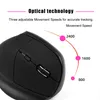 A black vertical mouse with text and graphics indicating its optical technology and adjustable movement speeds. Produktbild-Vorschau