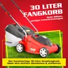 A red and black lawnmower with a grass catcher bag is shown on a green grassy background, with red and yellow graphic overlays and text. Produktbild-Vorschau
