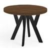 A round dining table with a wood-grain top and black metal legs, presented on a white background. Podgląd zdjęcia produktu
