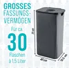 A dark gray laundry hamper is shown next to text and graphics indicating its capacity for 30 bottles of 1.5 liters, with dimensions provided. Podgląd zdjęcia produktu