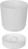 A white planter pot and its matching saucer are shown separately against a white background. Produktbild-Vorschau