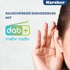 A person is holding their hand to their ear, listening, with marketing text and logos in the background. Produktbild-Vorschau