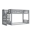 A gray wooden bunk bed with a safety staircase, shown from a side angle against a white background. Produktbild-Vorschau