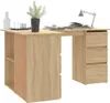 A wooden corner desk with drawers and shelves, set against a white background. On the desk are a plant in a pot, a bottle, some glasses, a stack of books, and a desk lamp. Produktbild-Vorschau