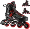 A pair of black and red inline skates with red wheels, shown from the front. Voir les images du produit